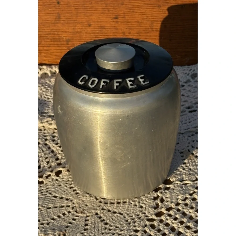Vintage Kromex Spun Aluminum Coffee Canister With Black Plastic Lid Retro 50's